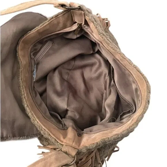 Boho Fringe Crossbody Bag Faux Fur Western Festival Indie Cowgirl Tan AZIZA - Picture 6 of 7